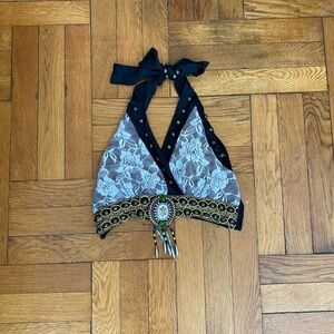 Boho Halter Top Lace Beaded Medallion Festival Top Black Cream Studded Tie Back